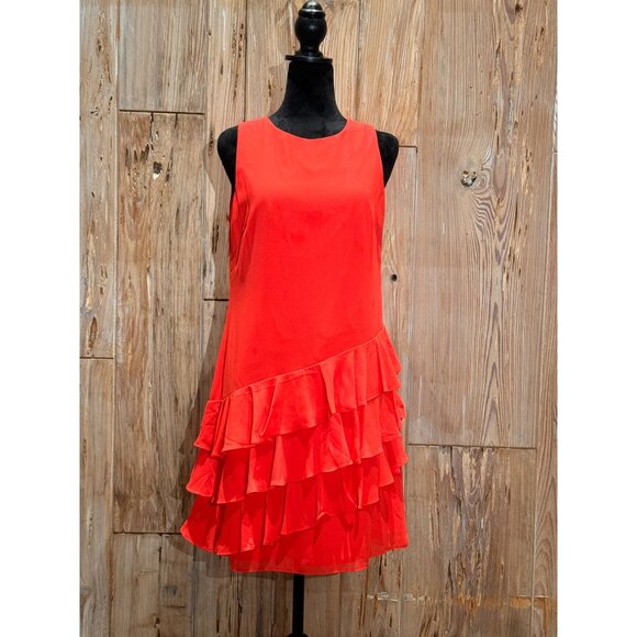 Vince Camuto Red Sleeveless Chiffon Ruffle Shift Dress Womens Size 6 Polyester - Picture 1 of 5